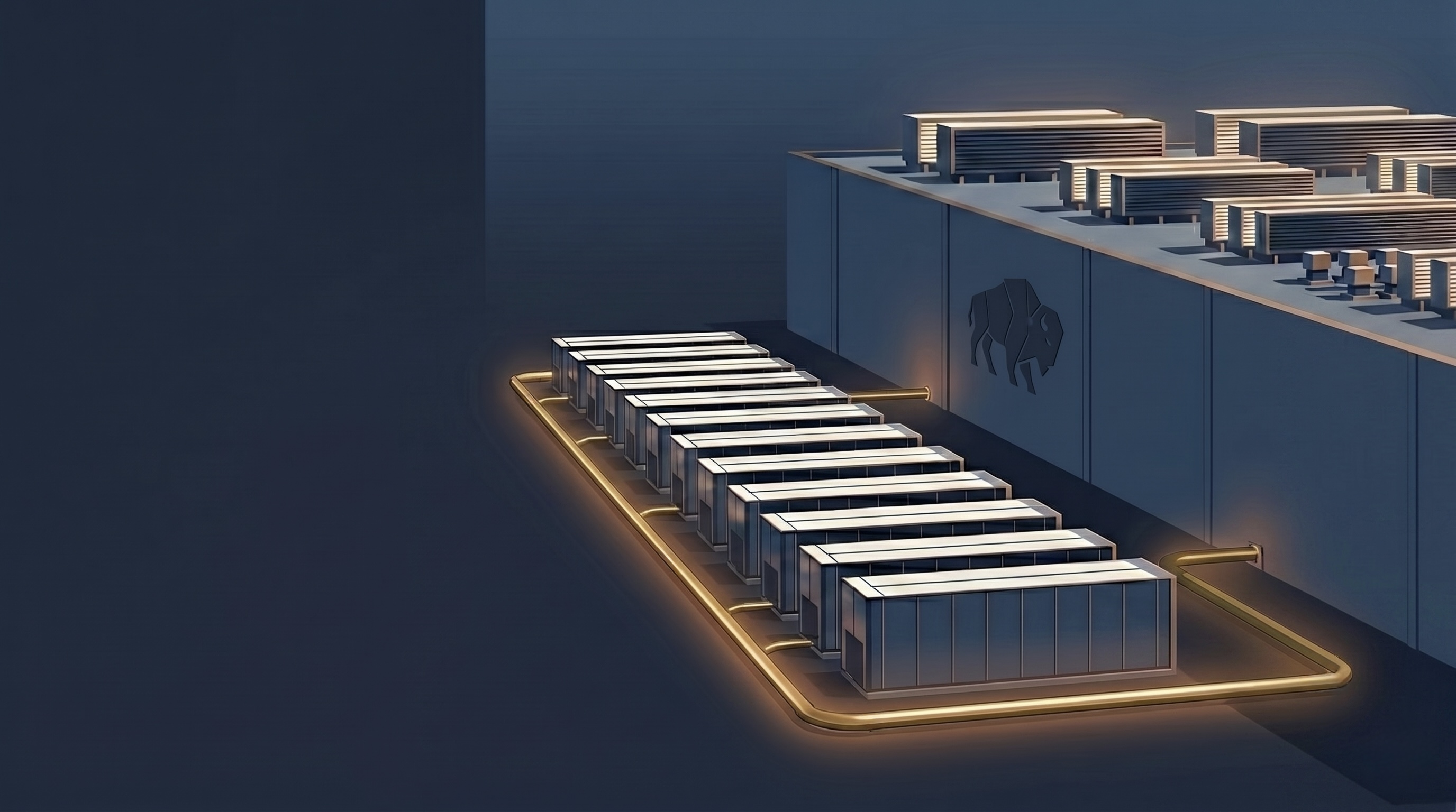 Illustration of an on-site fuel cell power installation beside a data center, with the Bison Energy Systems mark on the building.